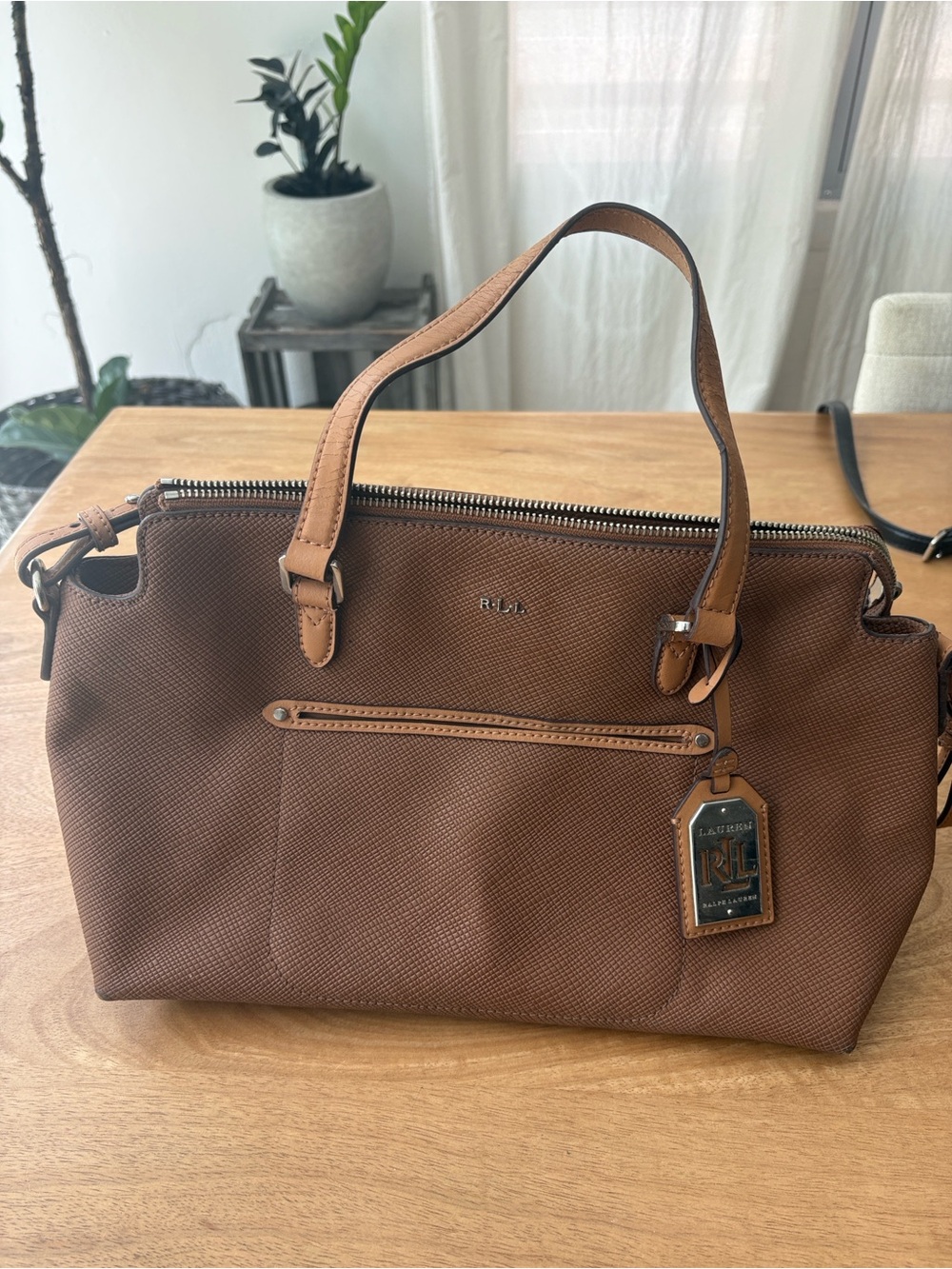 Ralph Lauren Brown Leather-Trim Tote with Metal Logo Tag